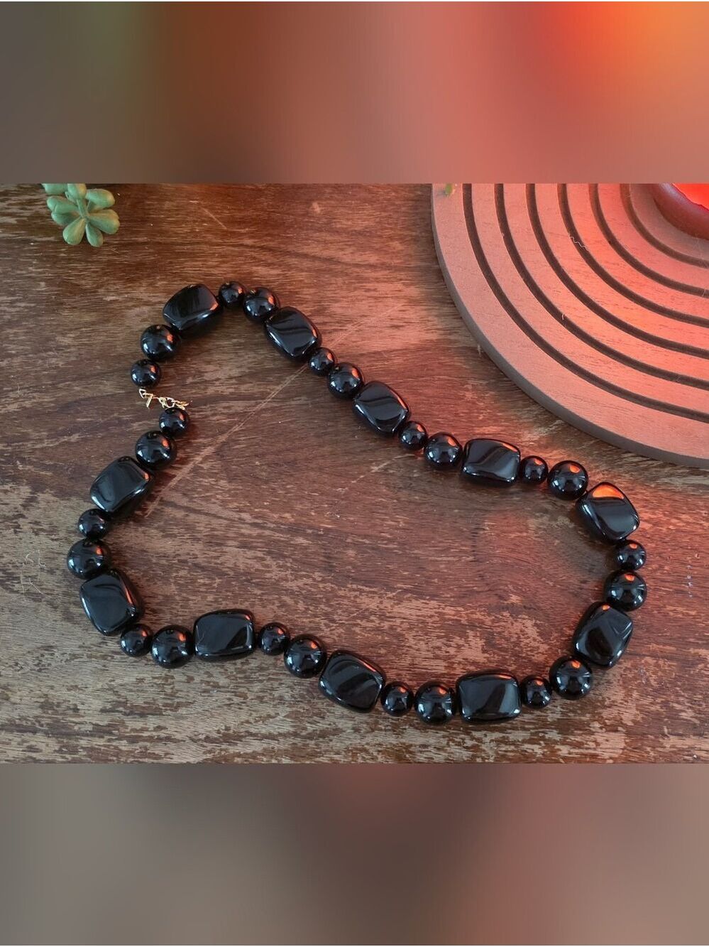Signed Monet Black Beaded Necklace Chunky Oval Round Gold Tone Strand Vintage